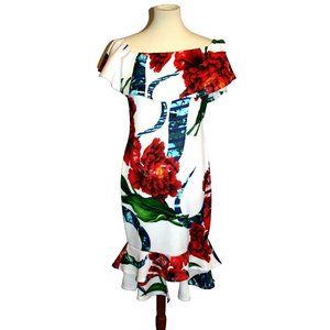 Wall St. Womens White Red Floral Midi Ruffle Dress Size Large Stretch NEW NWT